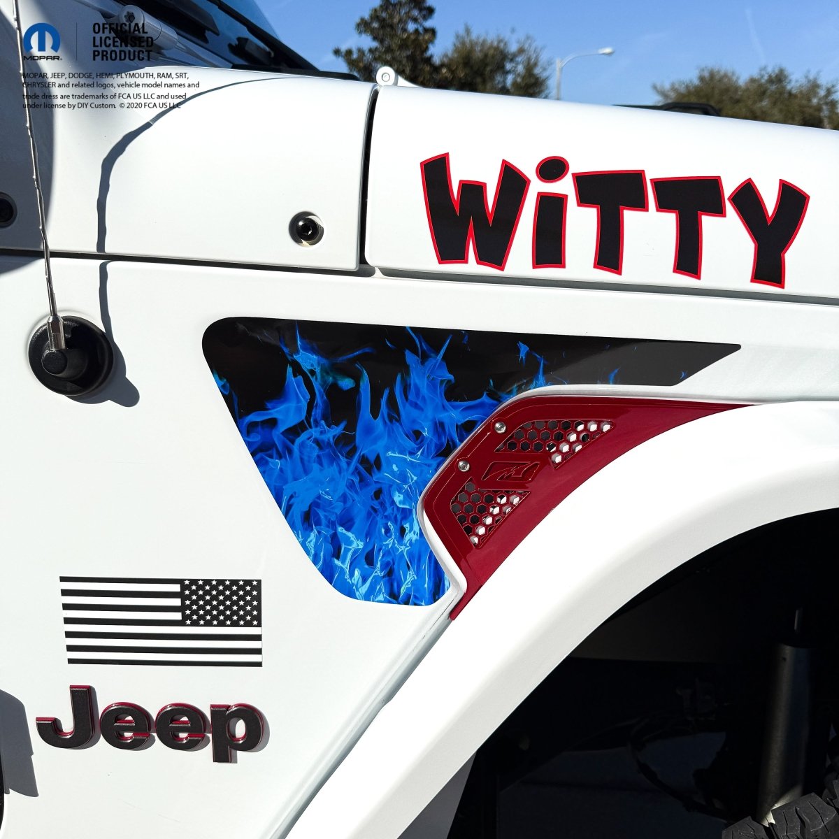Jeep Fender Vent Decals Pair "Blue Flames" Fits 2018-2026 Wrangler JL & Gladiator - Tiny Wrapz