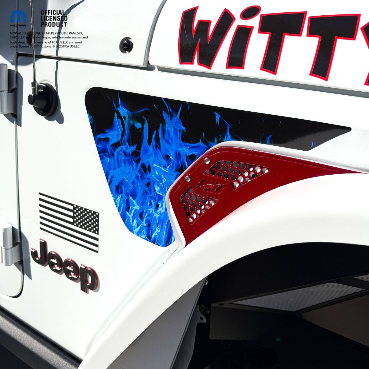 Jeep Fender Vent Decals Pair "Blue Flames" Fits 2018-2026 Wrangler JL & Gladiator - Tiny Wrapz
