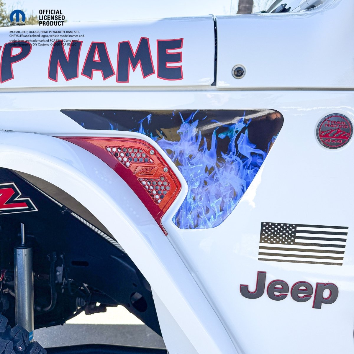 Jeep Fender Vent Decals Pair "Blue Flames" Fits 2018-2026 Wrangler JL & Gladiator - Tiny Wrapz