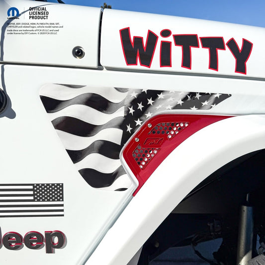 Jeep Fender Vent Decals Pair "Grayscale American Flag" Fits 2018-2026 Wrangler JL & Gladiator - Tiny Wrapz