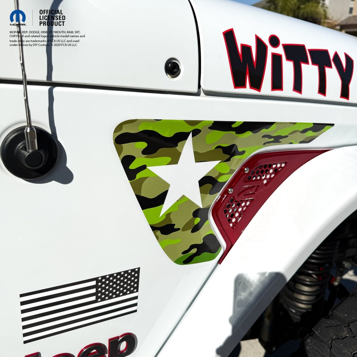 Jeep Fender Vent Decals Pair "Army Green Camo & Star" Fits 2018-2026 Wrangler JL & Gladiator - Tiny Wrapz