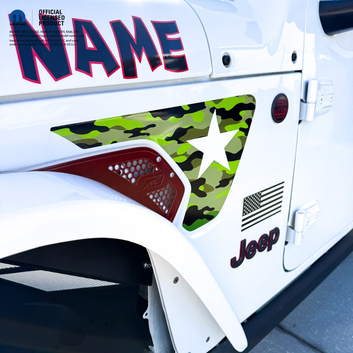 Jeep Fender Vent Decals Pair "Army Green Camo & Star" Fits 2018-2026 Wrangler JL & Gladiator - Tiny Wrapz