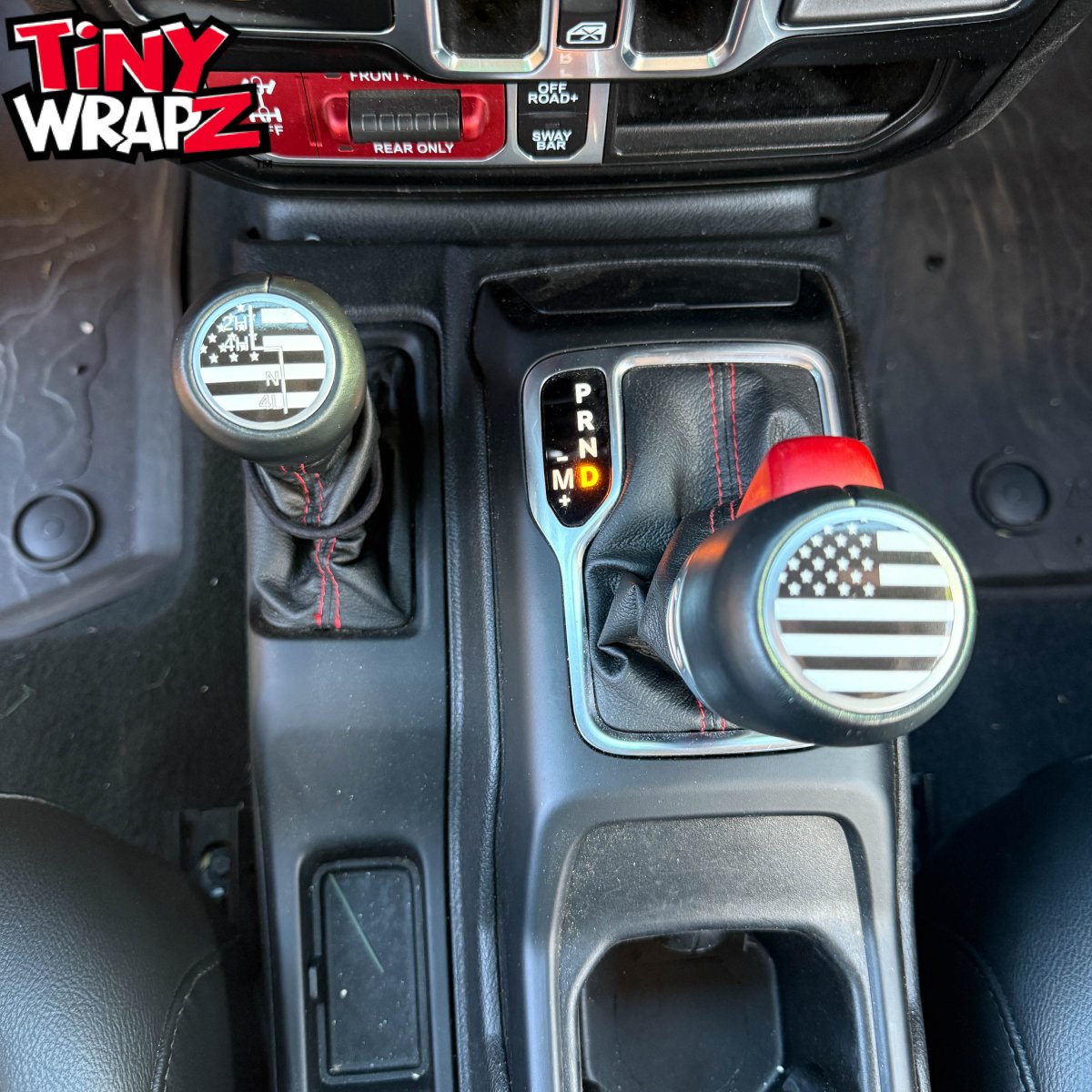 Jeep Shift Knob Premium Vinyl "Black & White American Flag" Sticker Fits 2018-2026 Wrangler JL & Gladiator - Tiny Wrapz