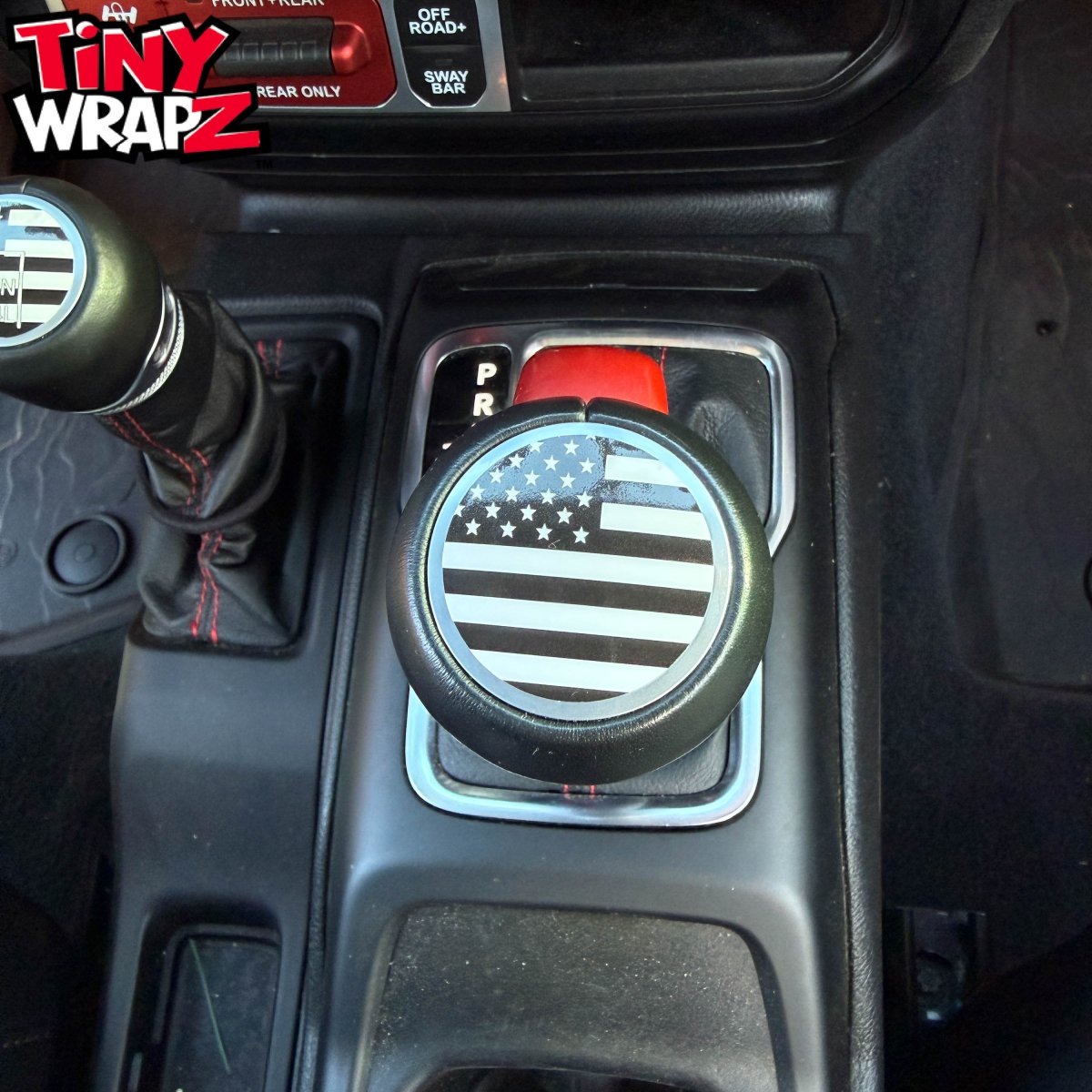 Jeep Shift Knob Premium Vinyl "Black & White American Flag" Sticker Fits 2018-2026 Wrangler JL & Gladiator - Tiny Wrapz
