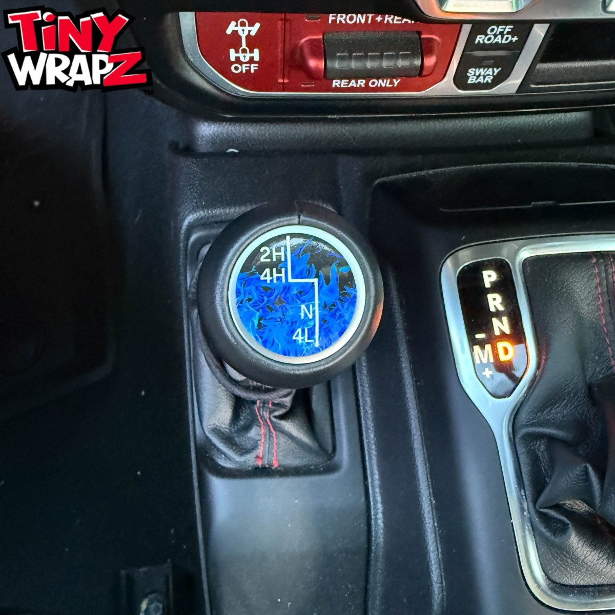 Jeep Shift Knob Premium Vinyl "Blue Flames" Sticker Fits 2018-2026 Wrangler JL & Gladiator - Tiny Wrapz