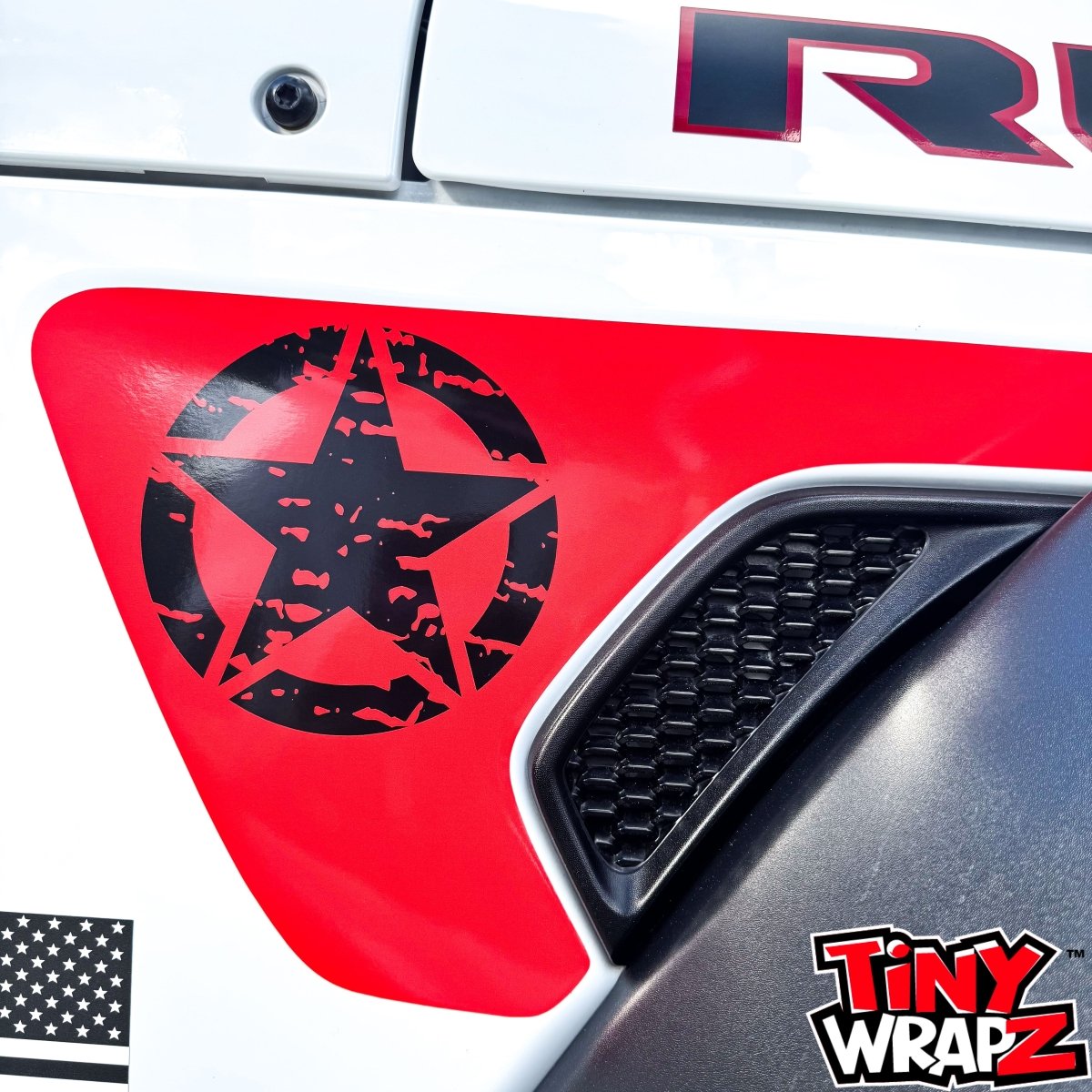 Jeep Fender Vent Decals Pair "Black on Red Distressed Star" Fits 2018-2026 Wrangler JL & Gladiator - Tiny Wrapz