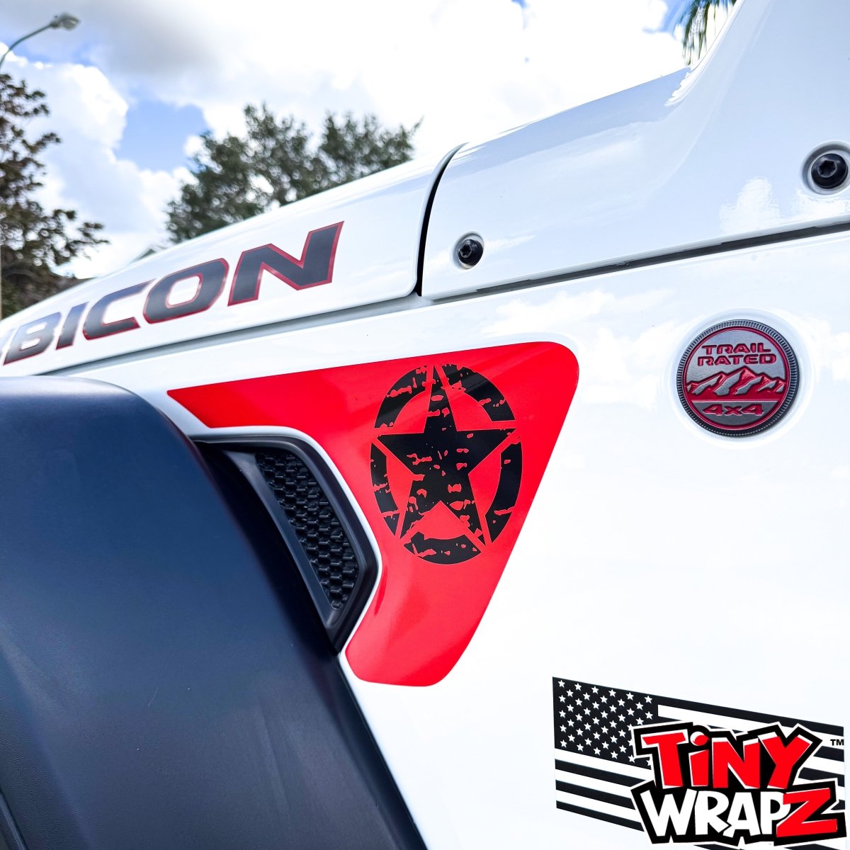 Jeep Fender Vent Decals Pair "Black on Red Distressed Star" Fits 2018-2026 Wrangler JL & Gladiator - Tiny Wrapz