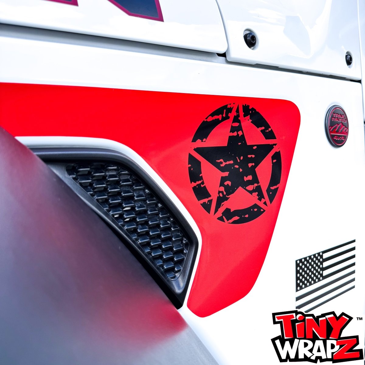 Jeep Fender Vent Decals Pair "Black on Red Distressed Star" Fits 2018-2026 Wrangler JL & Gladiator - Tiny Wrapz