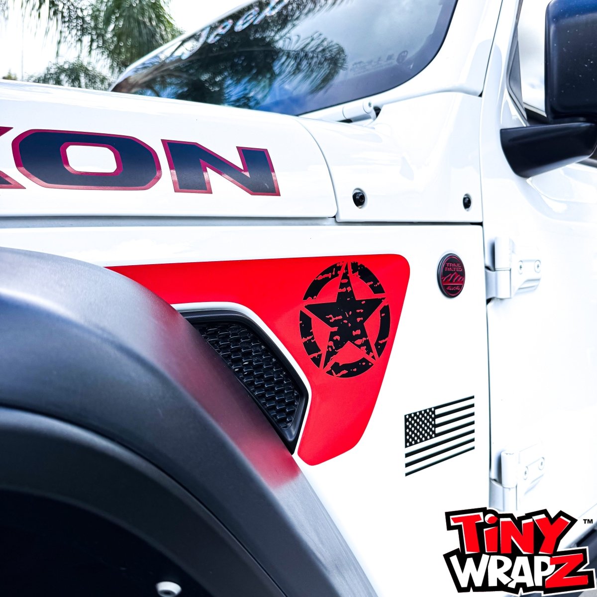 Jeep Fender Vent Decals Pair "Black on Red Distressed Star" Fits 2018-2026 Wrangler JL & Gladiator - Tiny Wrapz