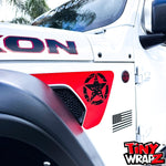 Jeep Fender Vent Decals Pair "Black on Red Distressed Star" Fits 2018-2026 Wrangler JL & Gladiator - Tiny Wrapz