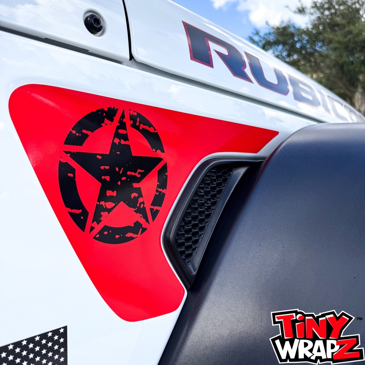 Jeep Fender Vent Decals Pair "Black on Red Distressed Star" Fits 2018-2026 Wrangler JL & Gladiator - Tiny Wrapz