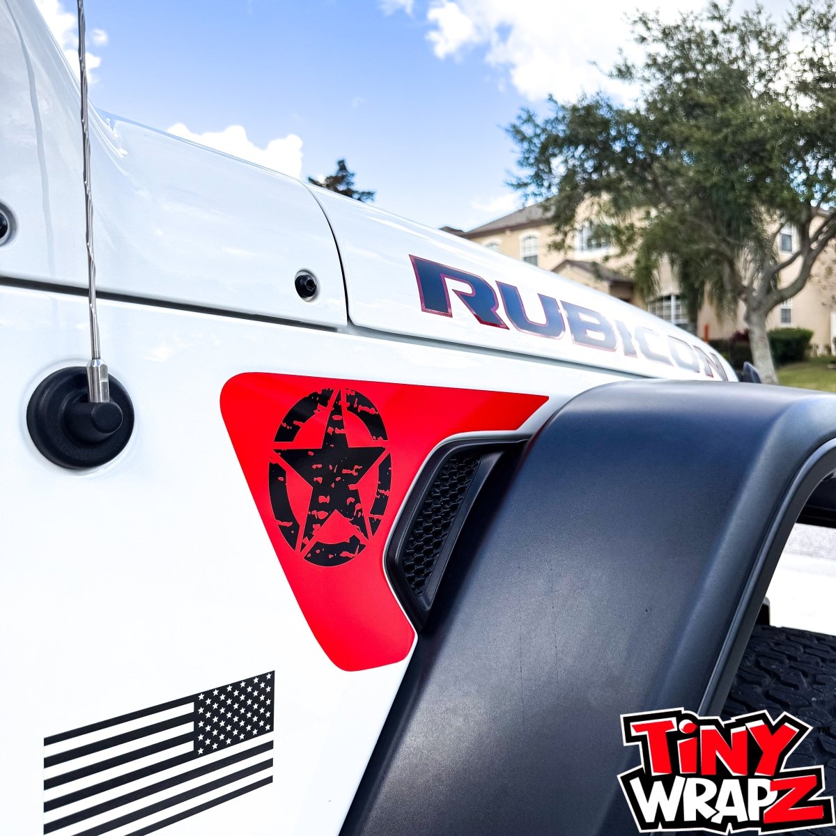 Jeep Fender Vent Decals Pair "Black on Red Distressed Star" Fits 2018-2026 Wrangler JL & Gladiator - Tiny Wrapz