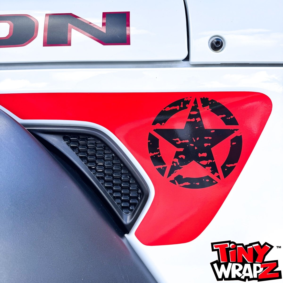 Jeep Fender Vent Decals Pair "Black on Red Distressed Star" Fits 2018-2026 Wrangler JL & Gladiator - Tiny Wrapz