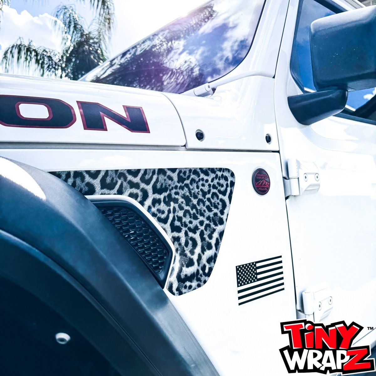Jeep Fender Vent Decals Pair "Grayscale Leopard" Fits 2018-2026 Wrangler JL & Gladiator - Tiny Wrapz