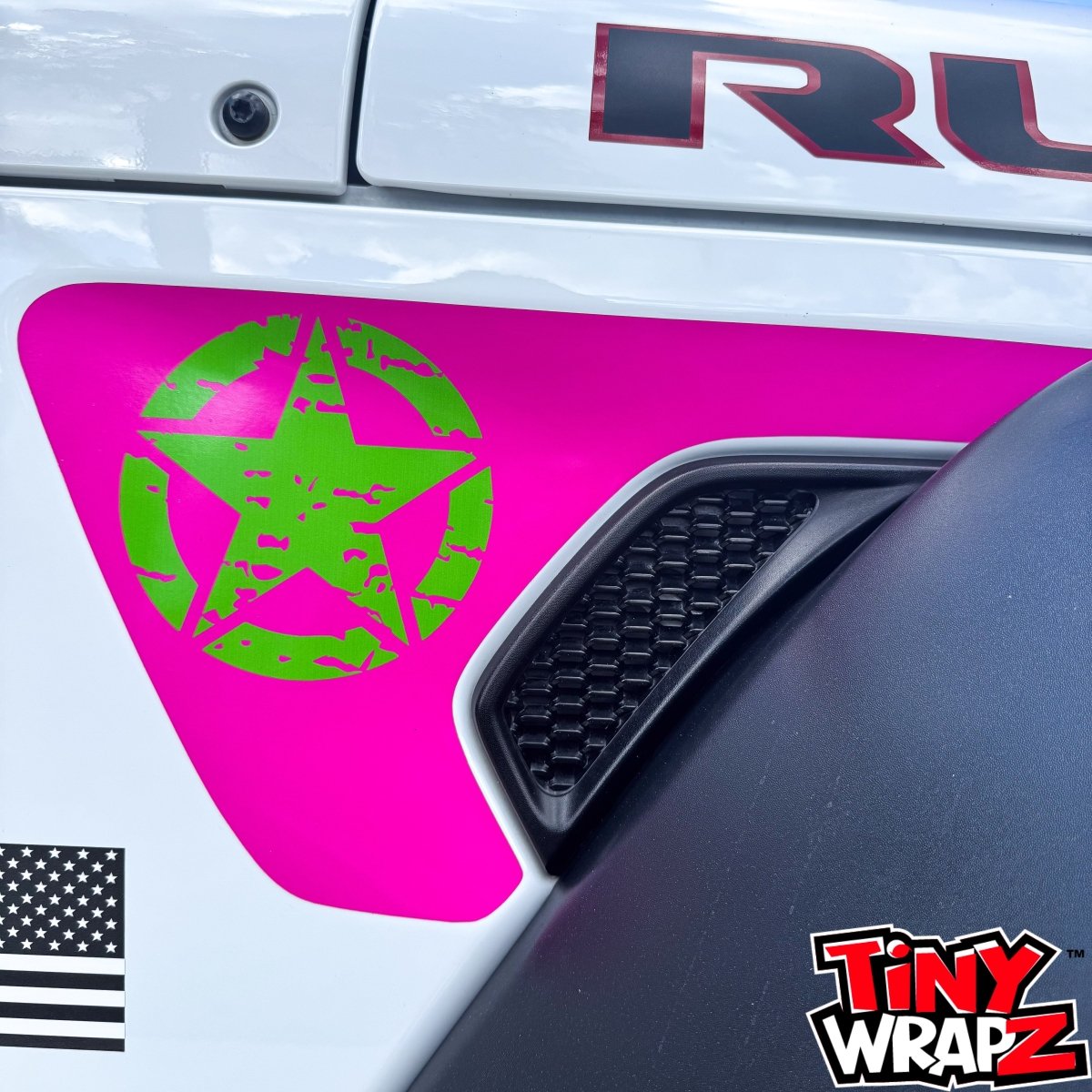 Jeep Fender Vent Decals Pair "Green on Pink Distressed Star" Fits 2018-2026 Wrangler JL & Gladiator - Tiny Wrapz