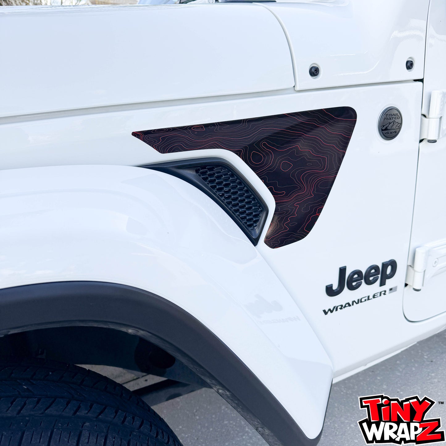 Jeep Fender Vent Decals Pair "Black & Red Topographic" Fits 2018-2026 Wrangler JL & Gladiator