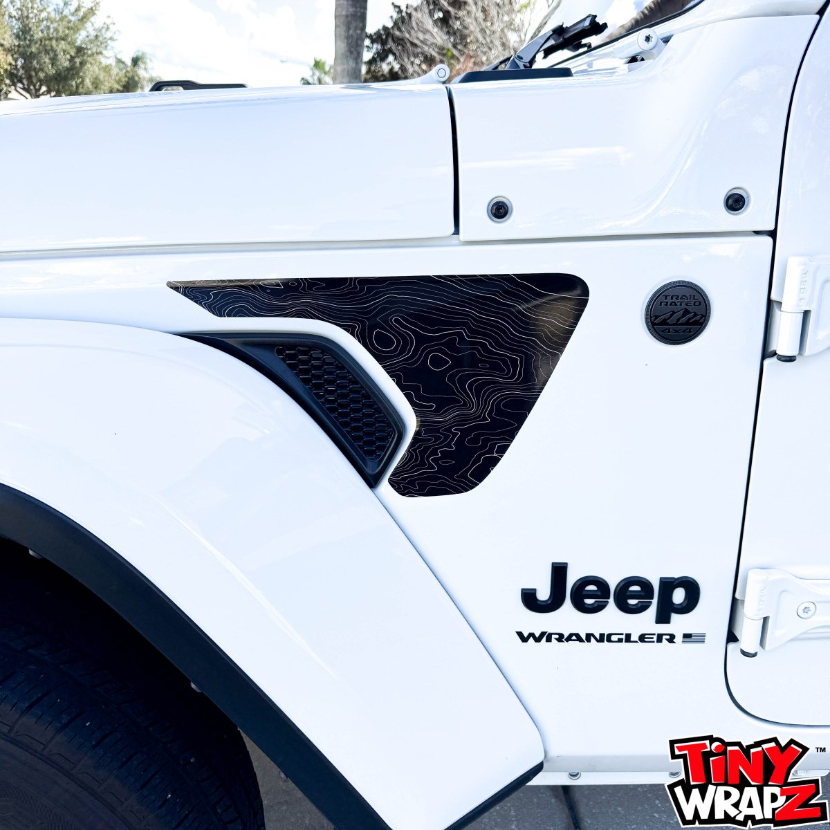 Jeep Fender Vent Decals Pair "Black White Gray Topographic" Fits 2018-2026 Wrangler JL & Gladiator - Tiny Wrapz