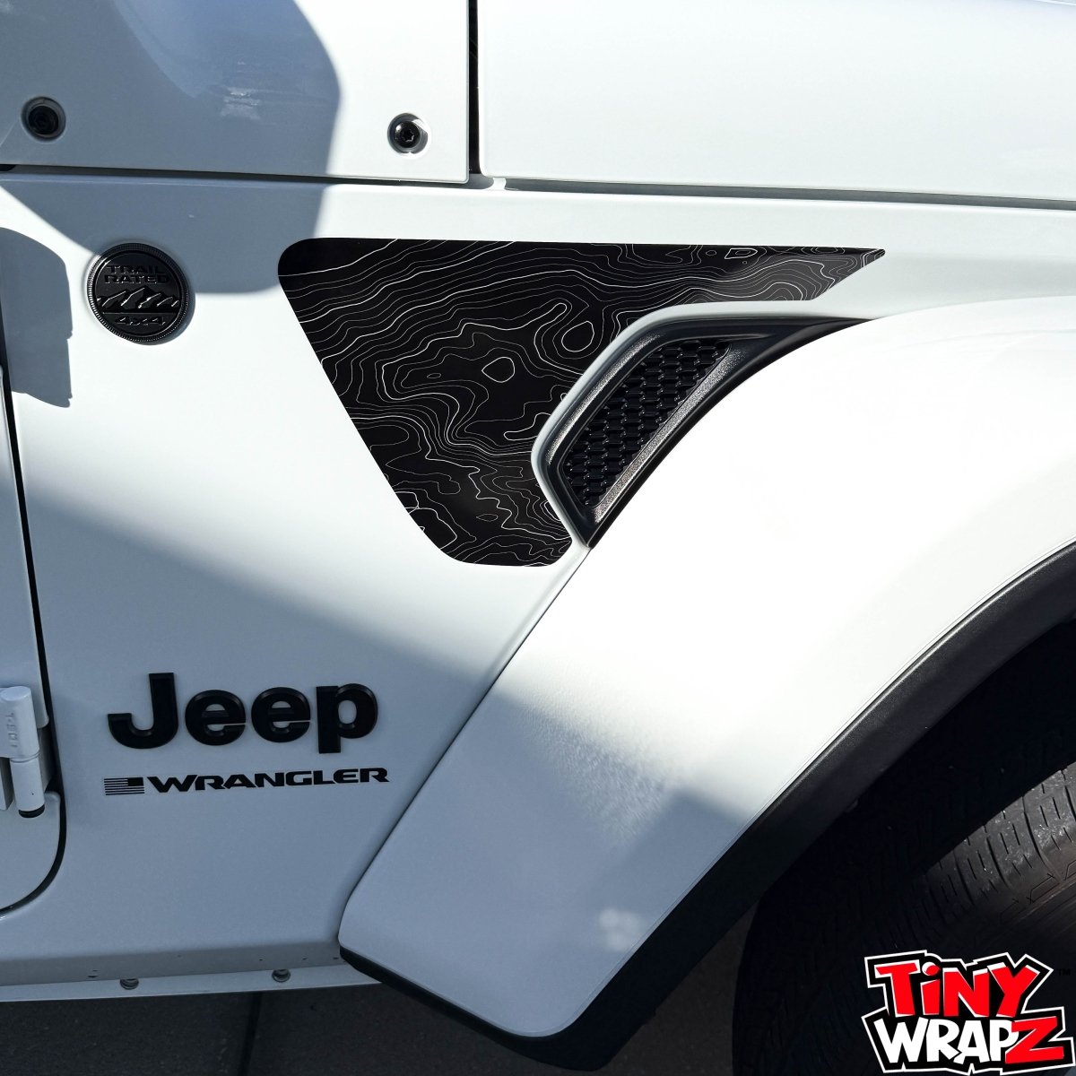 Jeep Fender Vent Decals Pair "Black White Gray Topographic" Fits 2018-2026 Wrangler JL & Gladiator - Tiny Wrapz