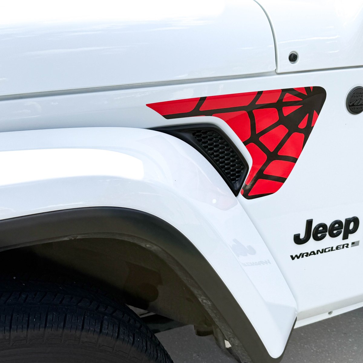 Jeep Fender Vent Decals Pair "Black On Red Spider Web" Fits 2018-2026 Wrangler JL & Gladiator - Tiny Wrapz