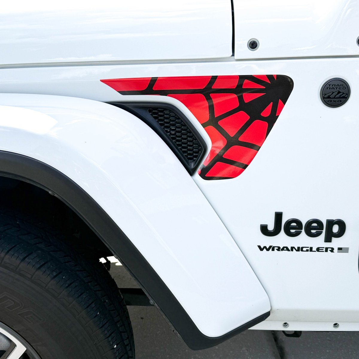Jeep Fender Vent Decals Pair "Black On Red Spider Web" Fits 2018-2026 Wrangler JL & Gladiator - Tiny Wrapz