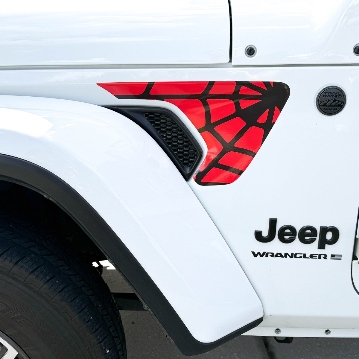 Jeep Fender Vent Decals Pair "Black On Red Spider Web" Fits 2018-2026 Wrangler JL & Gladiator - Tiny Wrapz