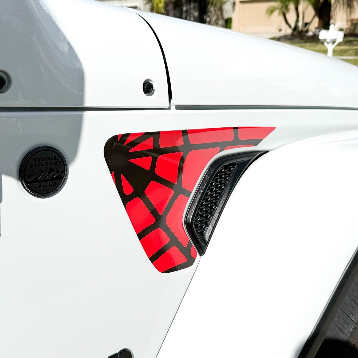 Jeep Fender Vent Decals Pair "Black On Red Spider Web" Fits 2018-2026 Wrangler JL & Gladiator - Tiny Wrapz