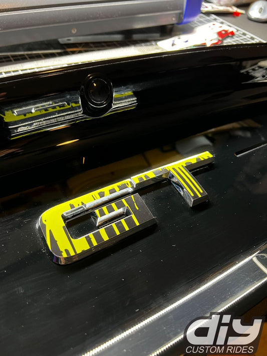 GT "Dripping Yellow on Black" Rear Emblem Overlay Decal Fits 2015-2023 Mustang GT - Tiny Wrapz