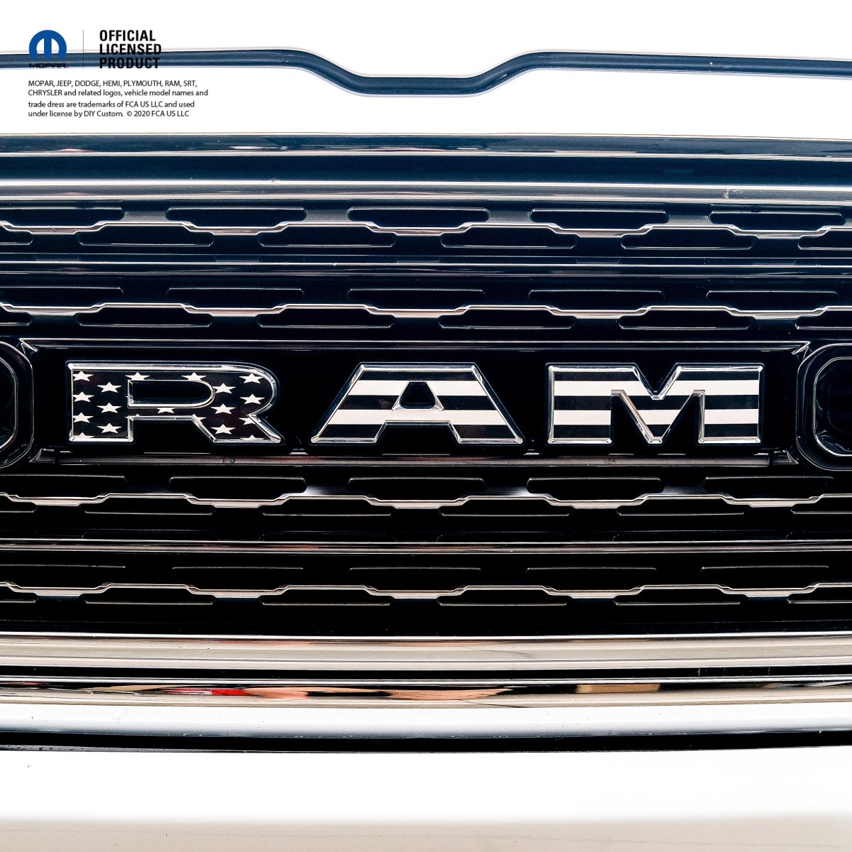 RAM Grill Emblem Overlay Decals BLACK & WHITE AMERICAN FLAG Fits 2009-2026 1500-5500 - Tiny Wrapz