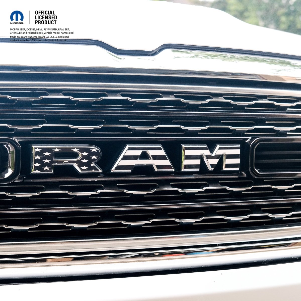 RAM Grill Emblem Overlay Decals BLACK & WHITE AMERICAN FLAG Fits 2009-2026 1500-5500 - Tiny Wrapz