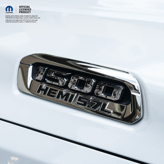 RAM 1500 Hood Emblem Overlay Decals L&R GRAYSCALE FIRE FLAMES Fits 2019-2025 RAM Trucks