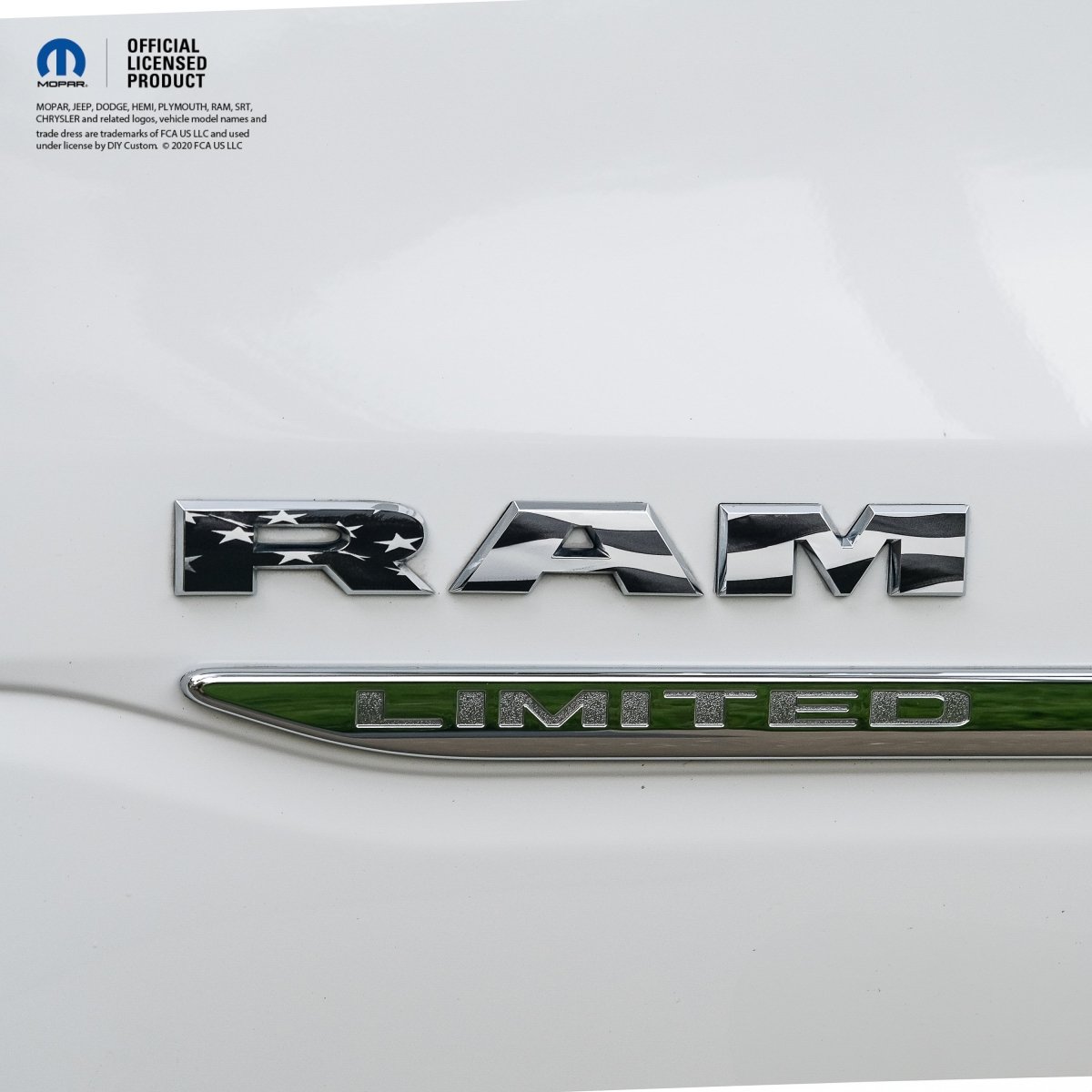 RAM Door x2 Emblem Overlay Decals L&R GRAYSCALE AMERICAN FLAG Fits 2019-2026 RAM Trucks - Tiny Wrapz