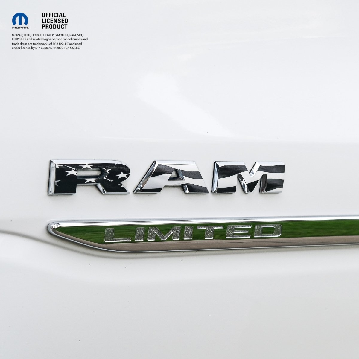 RAM Door x2 Emblem Overlay Decals L&R GRAYSCALE AMERICAN FLAG Fits 2019-2026 RAM Trucks - Tiny Wrapz
