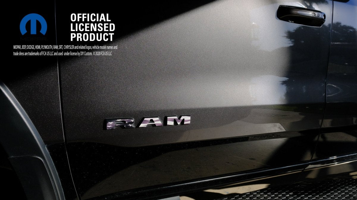 RAM Door x2 Emblem Overlay Decals L&R GRAYSCALE AMERICAN FLAG Fits 2019-2026 RAM Trucks - Tiny Wrapz