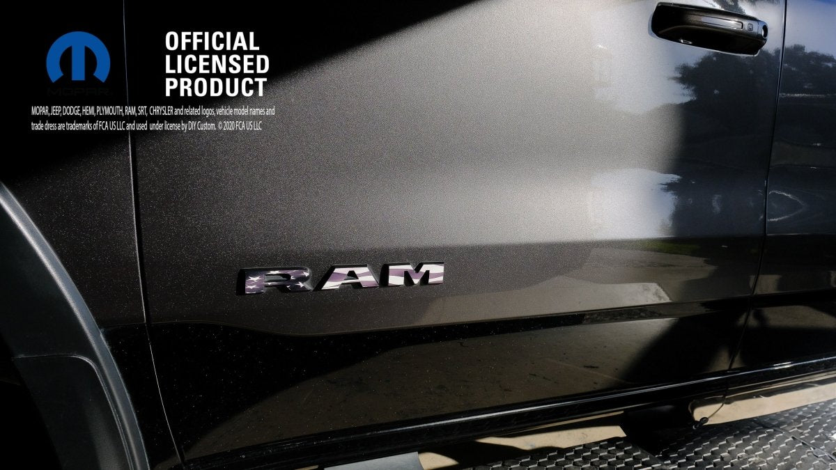 RAM Door x2 Emblem Overlay Decals L&R GRAYSCALE AMERICAN FLAG Fits 2019-2026 RAM Trucks - Tiny Wrapz