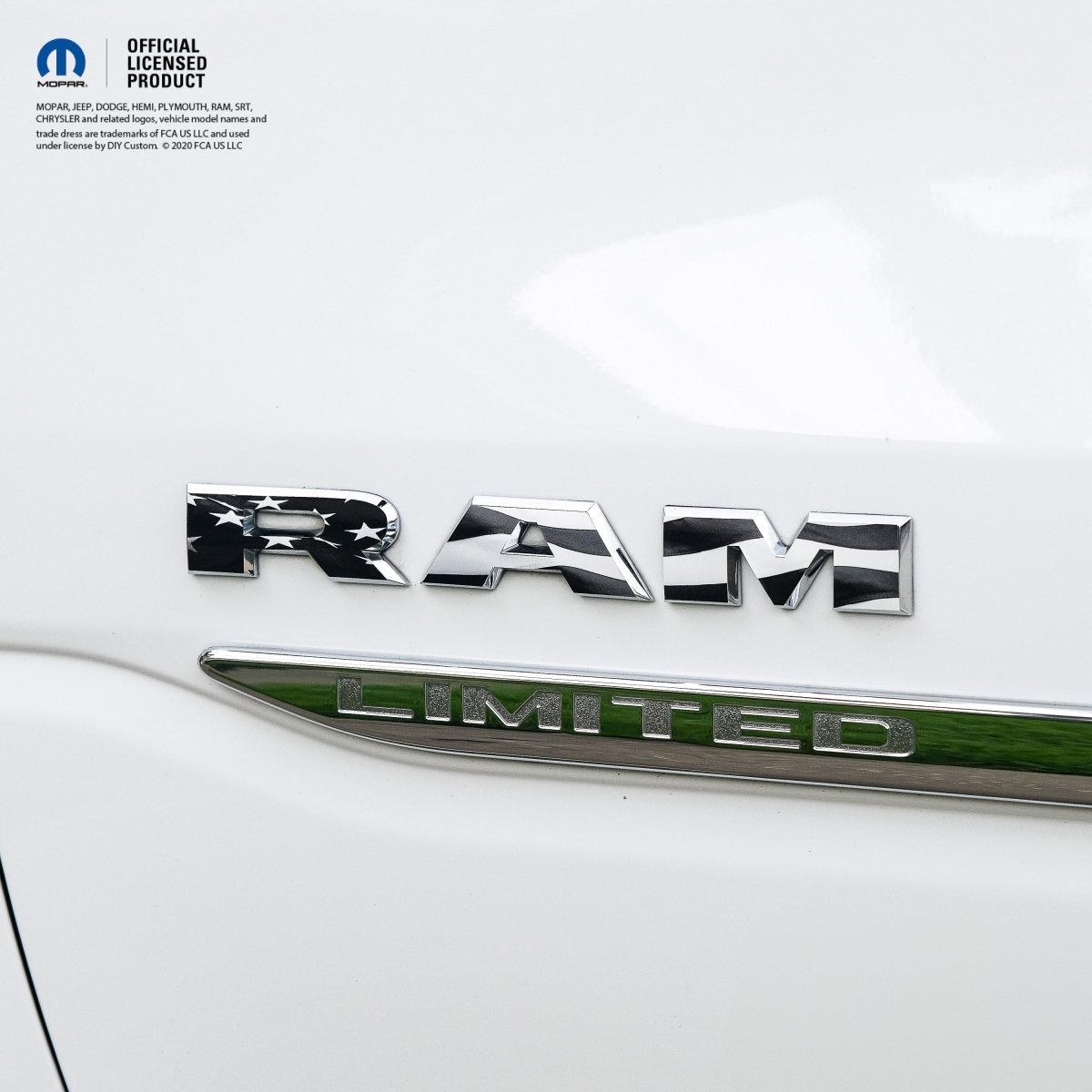 RAM Door x2 Emblem Overlay Decals L&R GRAYSCALE AMERICAN FLAG Fits 2019-2026 RAM Trucks - Tiny Wrapz