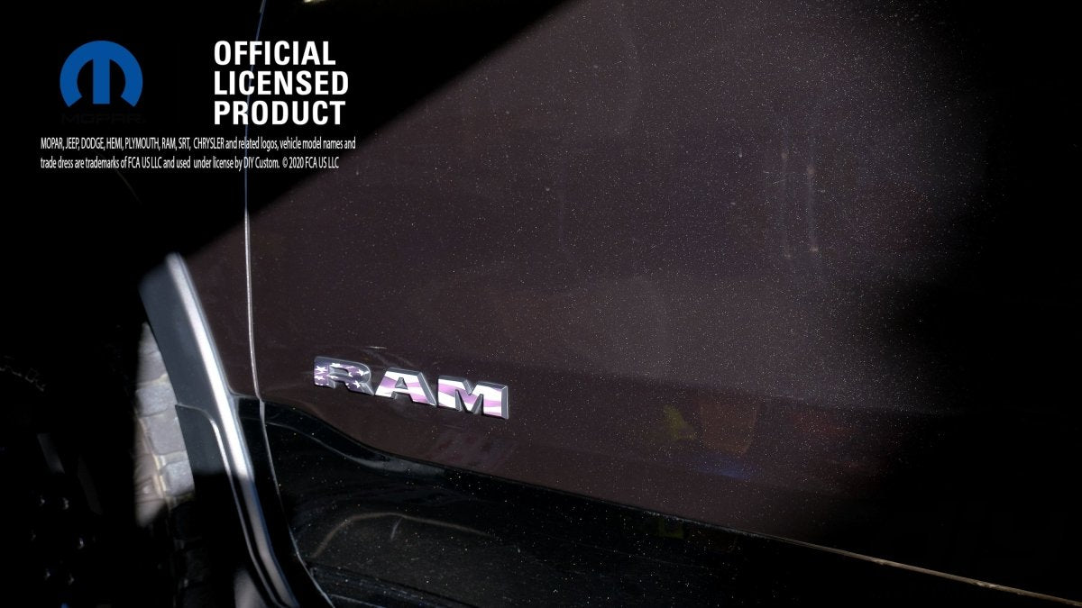 RAM Door x2 Emblem Overlay Decals L&R GRAYSCALE AMERICAN FLAG Fits 2019-2026 RAM Trucks - Tiny Wrapz