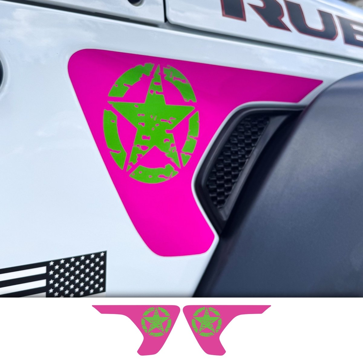 Jeep Fender Vent Decals Pair "Green on Pink Distressed Star" Fits 2018-2026 Wrangler JL & Gladiator - Tiny Wrapz