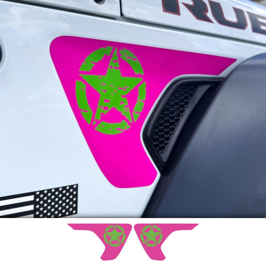 Jeep Fender Vent Decals Pair "Green on Pink Distressed Star" Fits 2018-2026 Wrangler JL & Gladiator - Tiny Wrapz