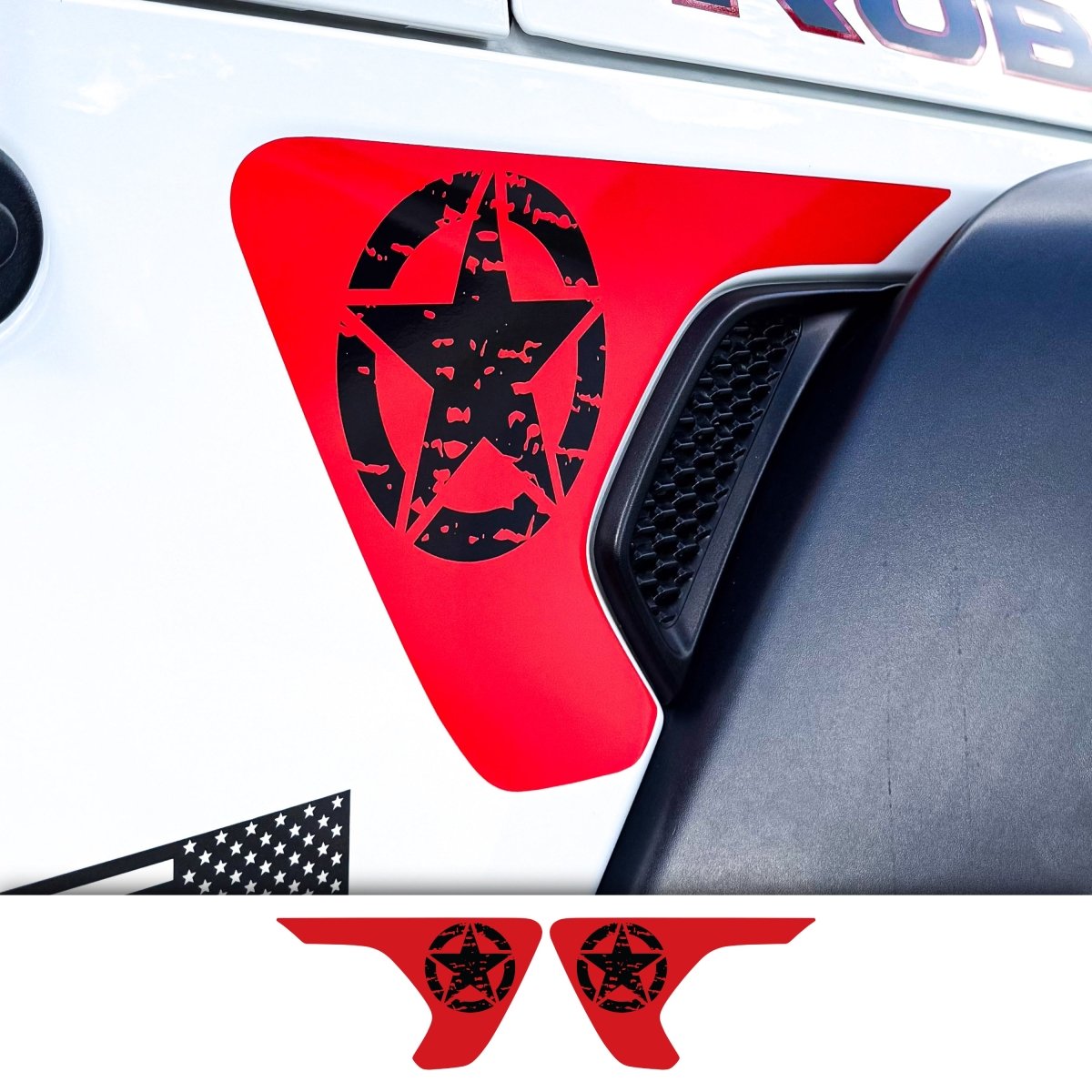 Jeep Fender Vent Decals Pair "Black on Red Distressed Star" Fits 2018-2026 Wrangler JL & Gladiator - Tiny Wrapz