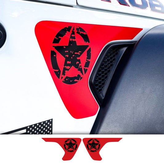 Jeep Fender Vent Decals Pair "Black on Red Distressed Star" Fits 2018-2026 Wrangler JL & Gladiator - Tiny Wrapz