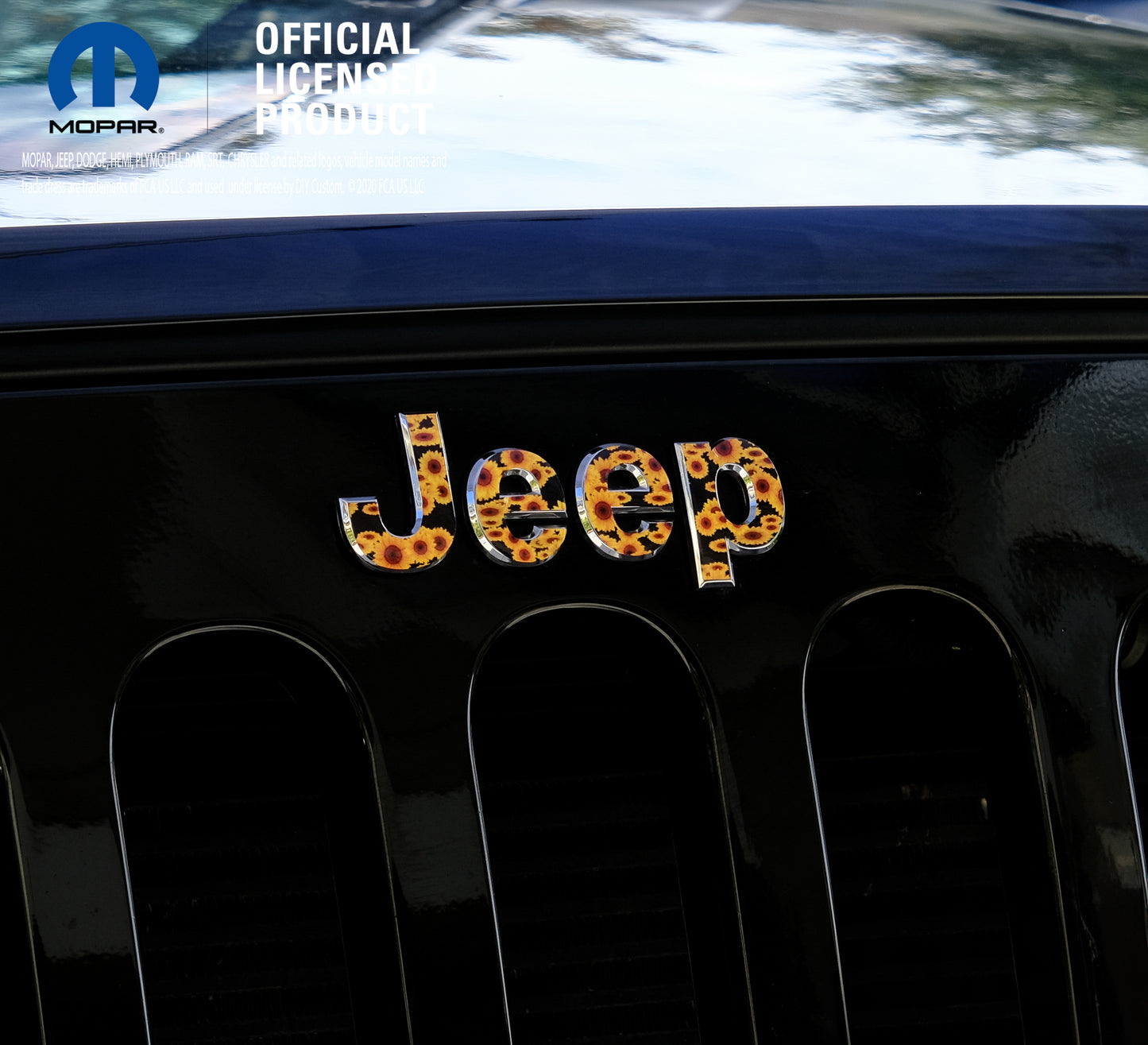 Jeep Emblem Overlay Decals - Sunflowers on Black