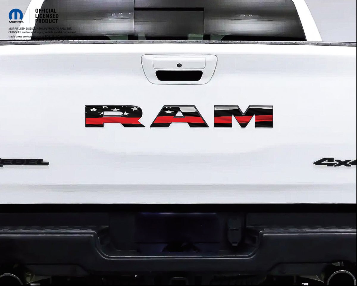 2500 3500 RAM Tailgate Letters Overlay Decals Thin Red Line American Flag Fits 2019-2026 Trucks - Tiny Wrapz