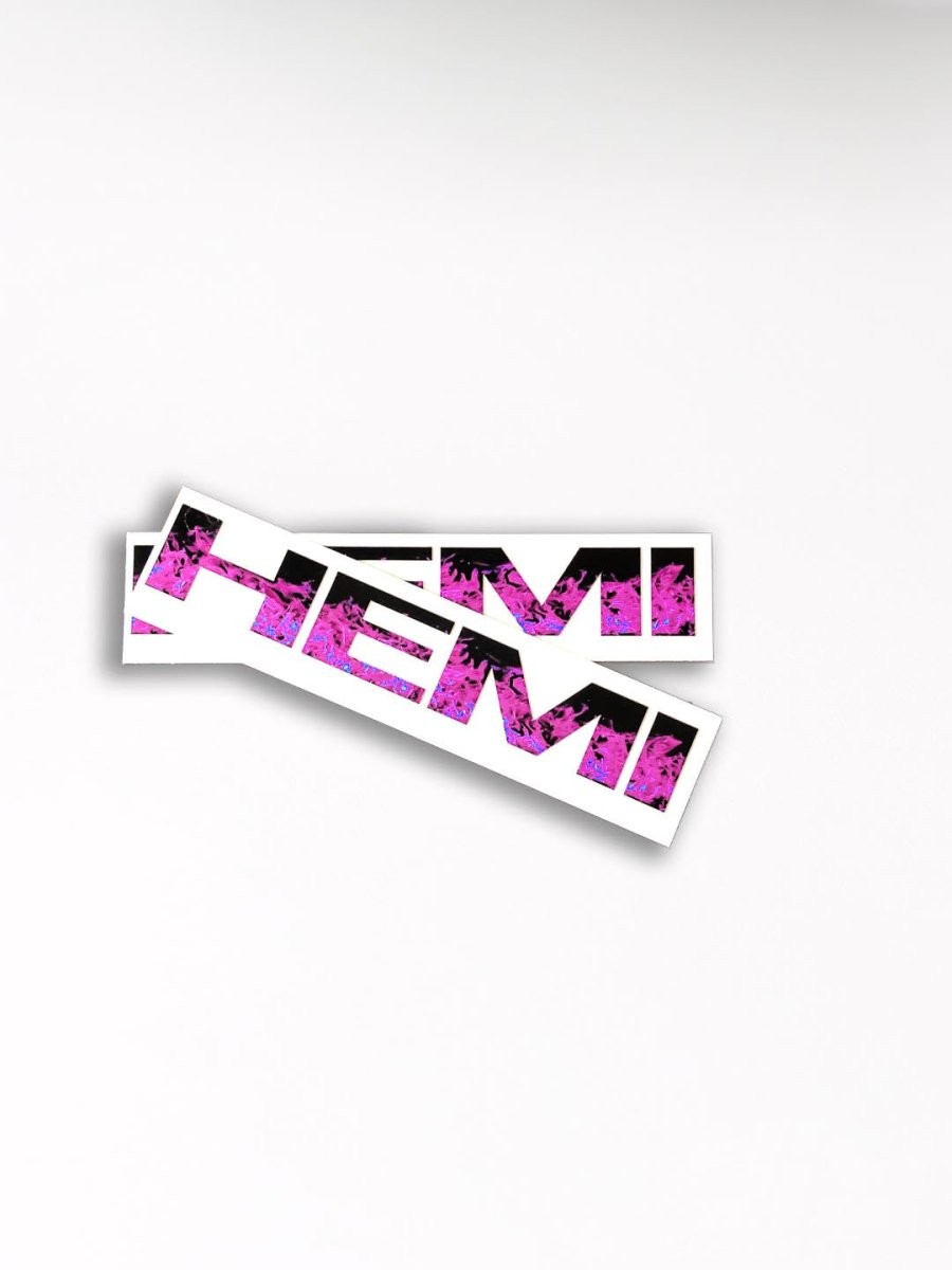 Two 'HEMI' stickers with pink and black design on a white background