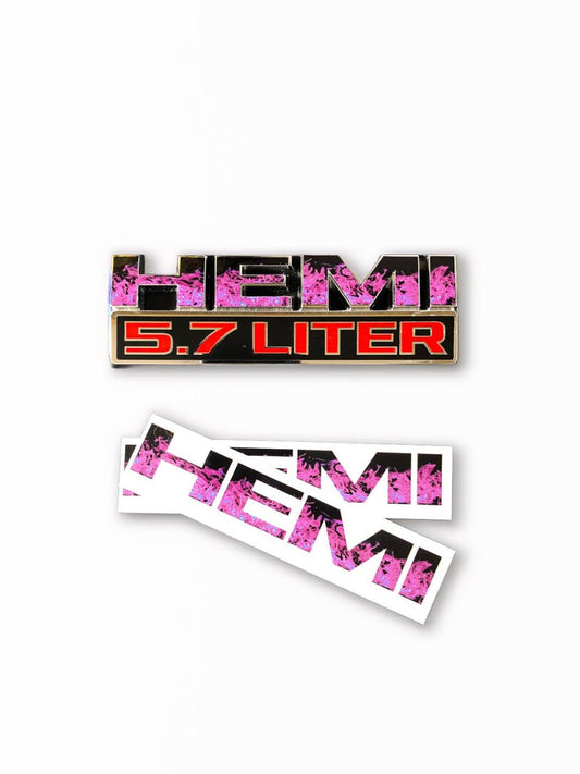 Two MOPAR Licensed HEMI 5.7 LITER decals with pink flames pattern on a white background