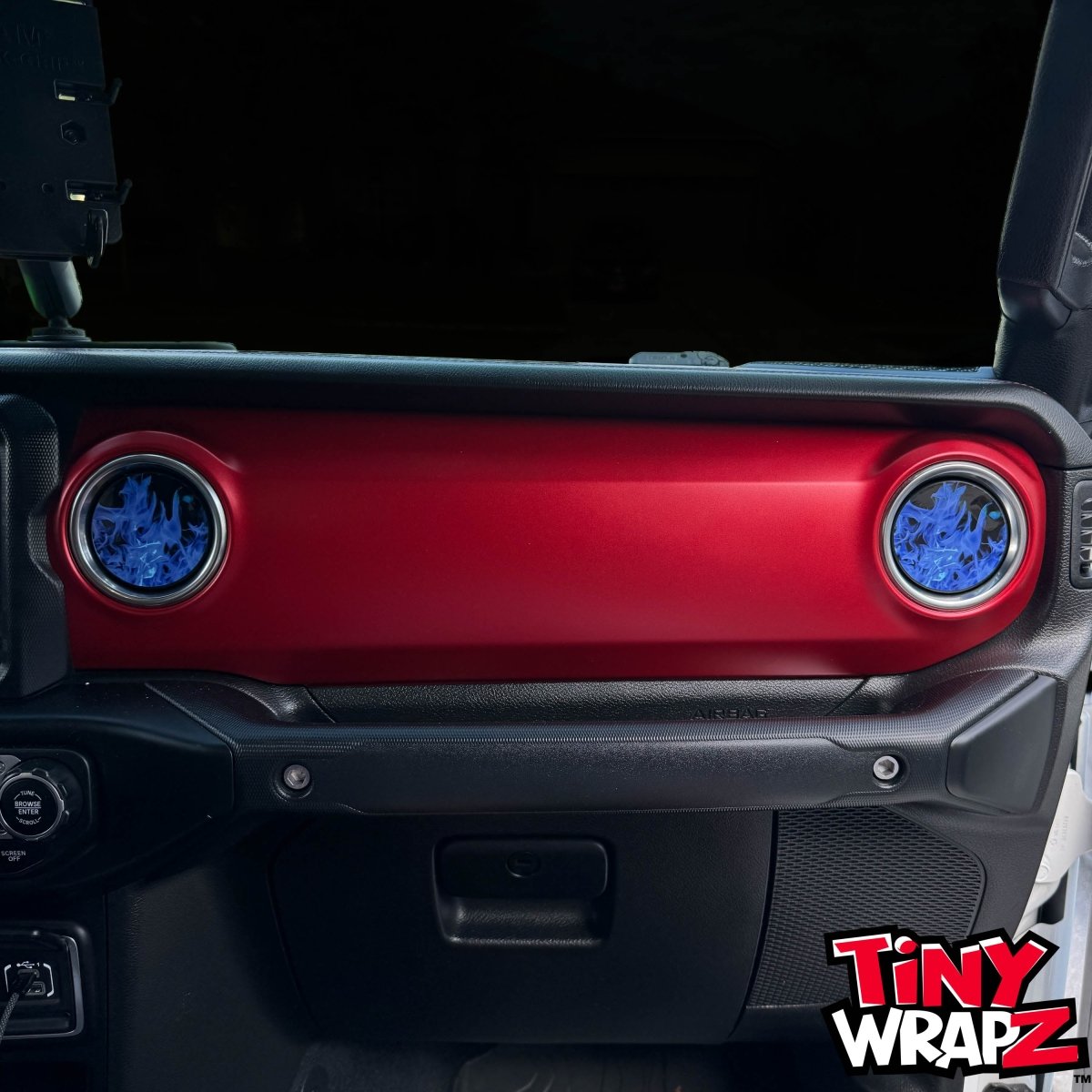 Jeep AC Vent Blue Flames 4 x Decals Fits 2011-2026 Wrangler JK Wrangler JL Gladiator - Tiny Wrapz