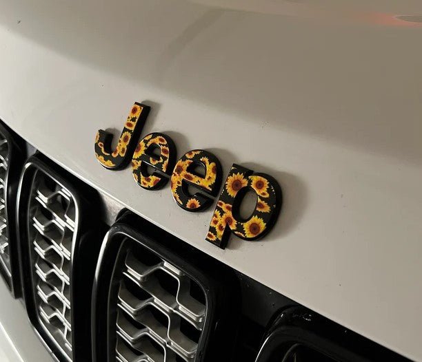 Jeep Emblem Overlay Decals - Sunflowers on Black - Tiny Wrapz