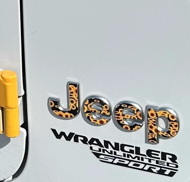 Jeep Emblem Overlay Decals - Sunflowers on Black - Tiny Wrapz