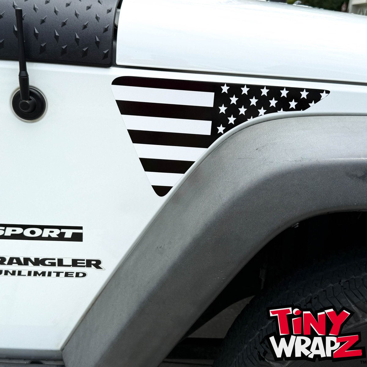 Jeep Fender Vent Decals Pair "Black and White American Flag" Fits 2007-2017 Wrangler JK - Tiny Wrapz