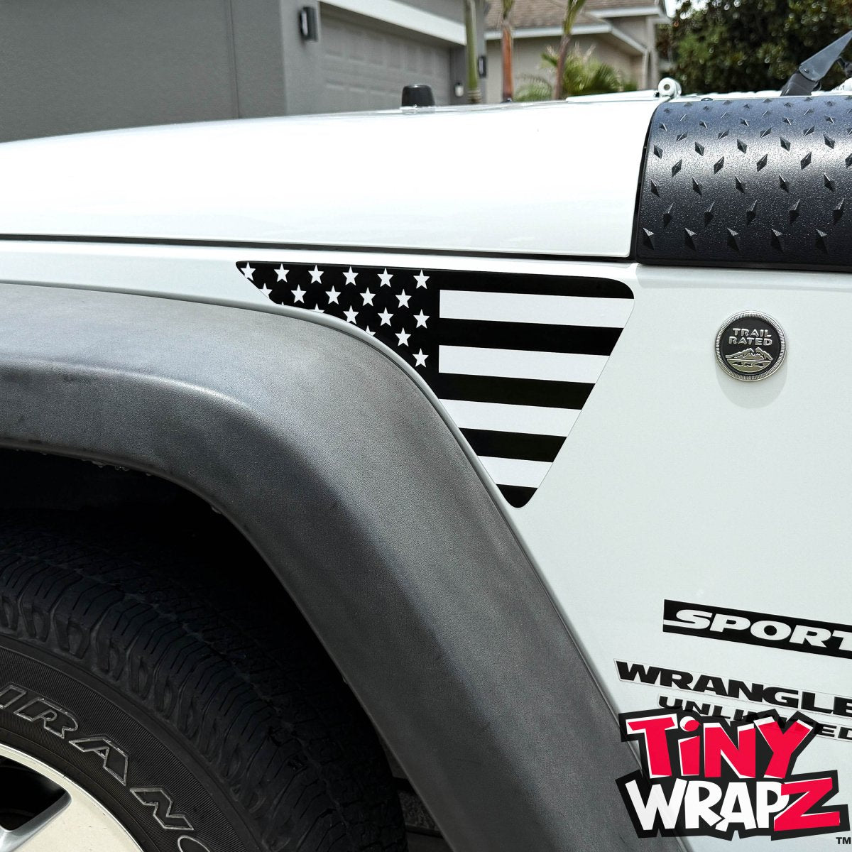 Jeep Fender Vent Decals Pair "Black and White American Flag" Fits 2007-2017 Wrangler JK - Tiny Wrapz