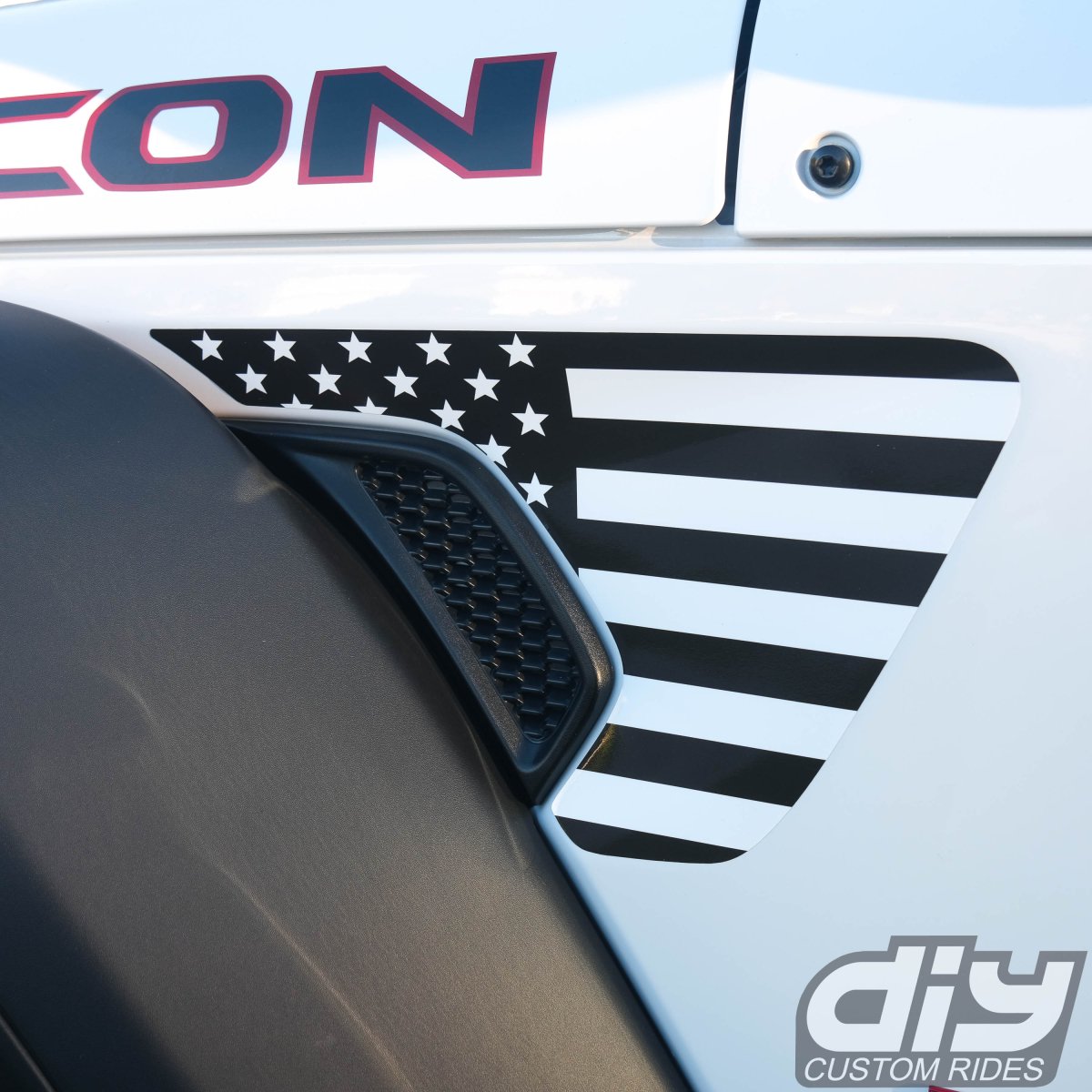 Jeep Fender Vent Decals Pair "Black and White American Flag" Fits 2018 - 2026 Wrangler JL & Gladiator - Tiny Wrapz